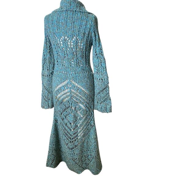 FREE PEOPLE $298 Maxi Knit Coat Rainforest Scallop Hem Bell Sleeves Abalone L - Picture 1 of 13